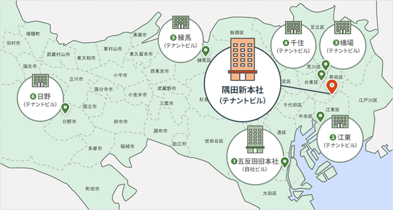 オフィス移転コンサル事例における6拠点統合の概要図イメージ（キャプティ様）